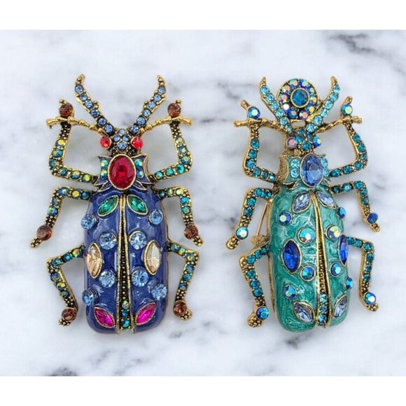 Beetle Scarab Brooches Lot of 2 Teal Blue Enamel Rhinestones Gold Tone Egyptian - Picture 1 of 9